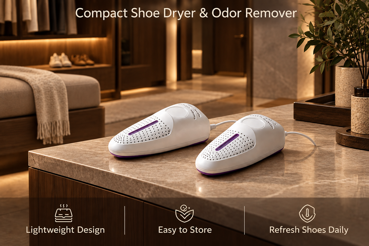 USB shoe dryers in a premium modern dressing room with shoes and travel luggage
