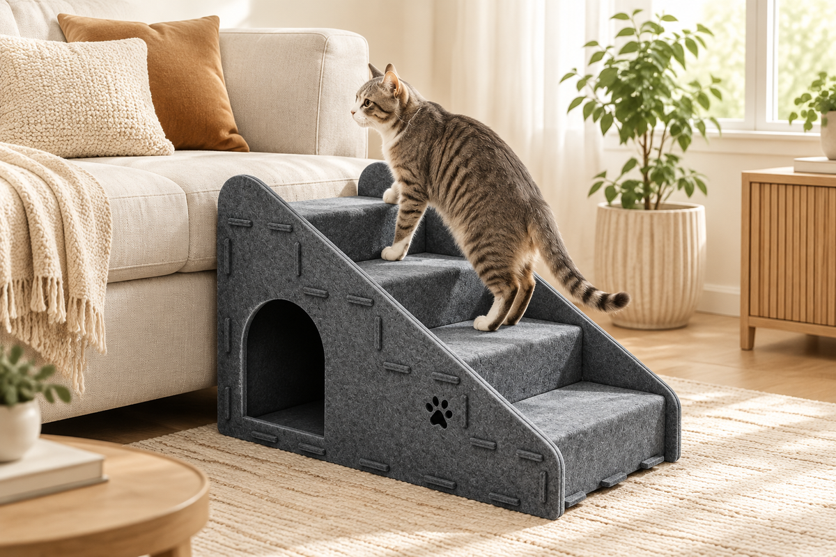 Cat using foldable pet stairs beside a bed