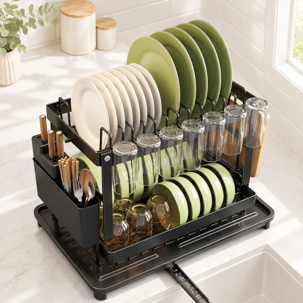 Overhead view of a two-tier dish rack on a soft-white background