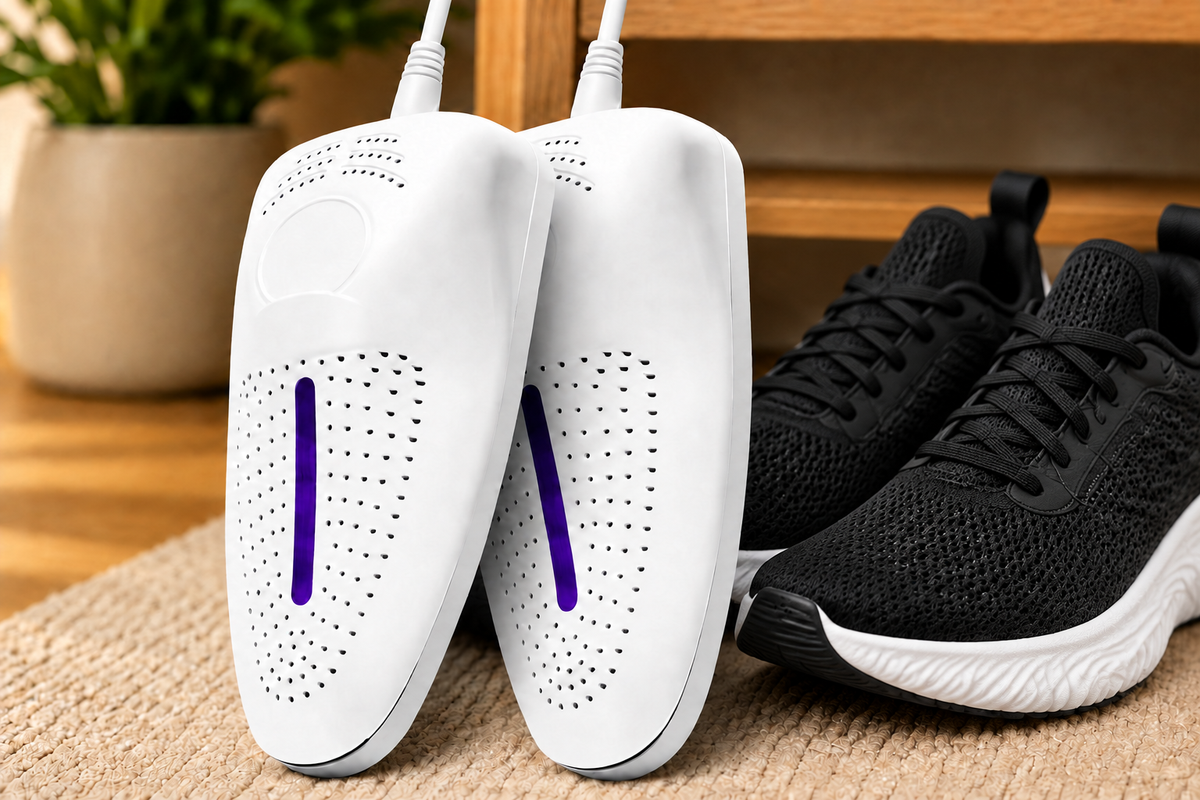 2-in-1 USB shoe dryer and deodorizer beside distinct black and white modern running sneakers