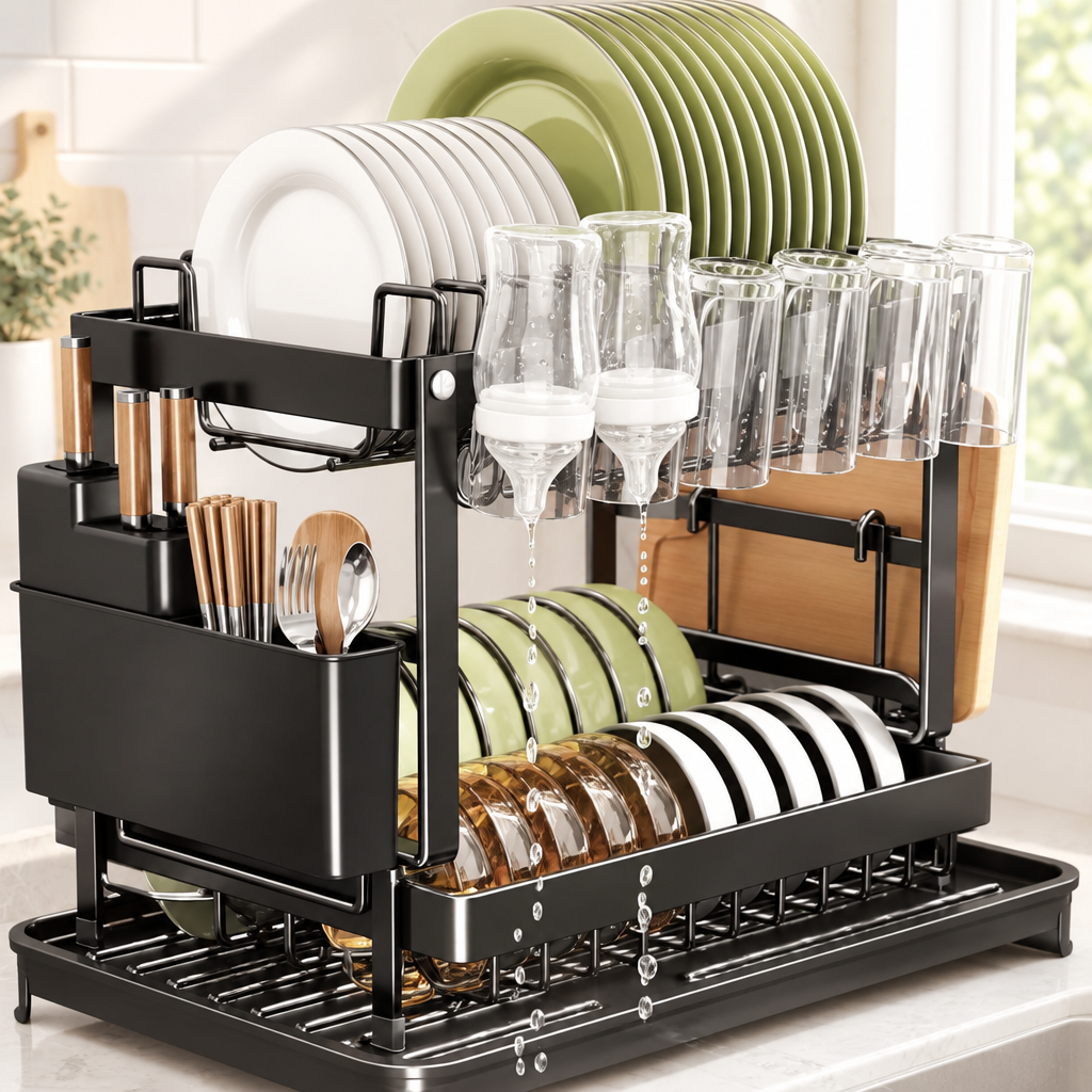 Baby bottles drying upside down on a dish rack in a light kitchen