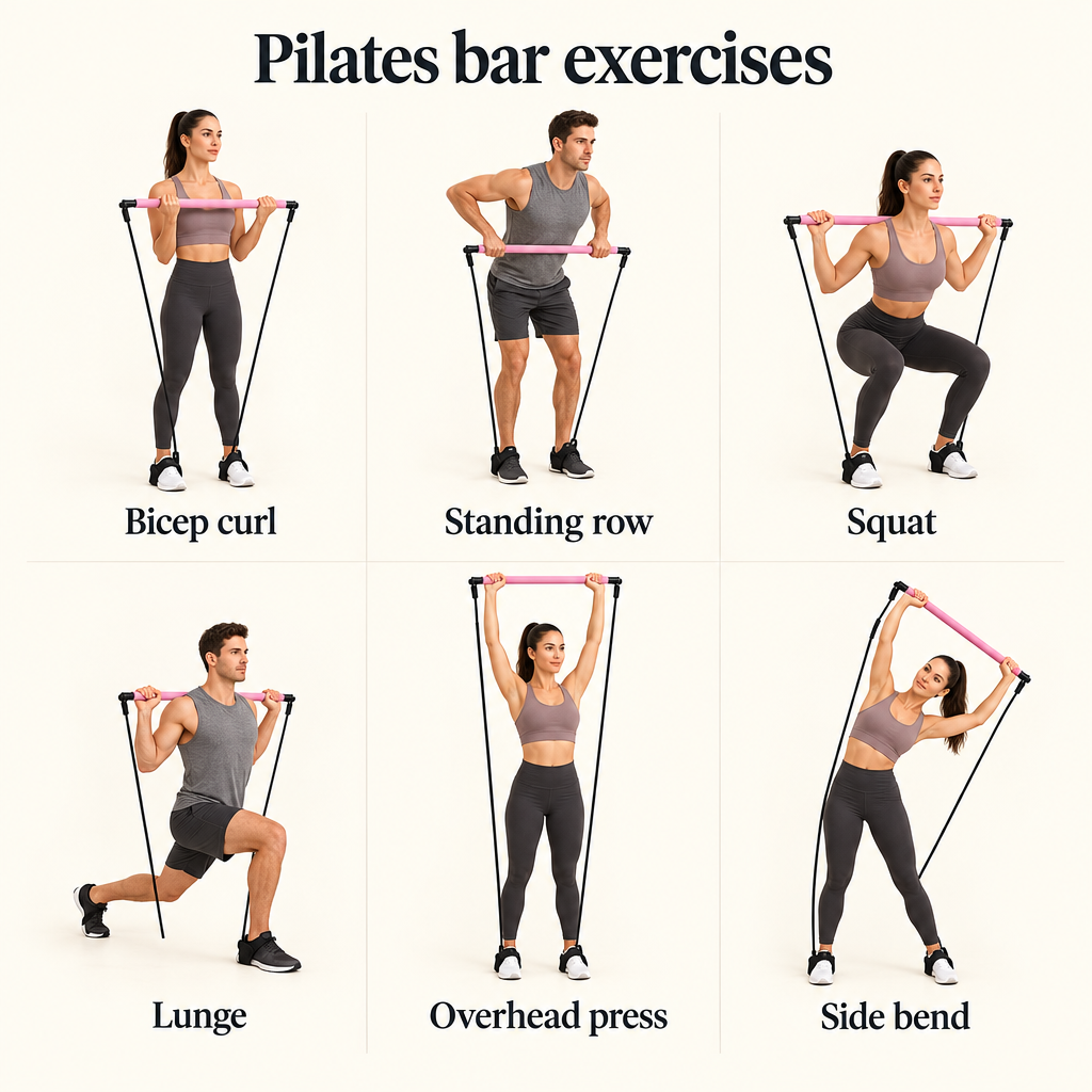 Pilates bar exercise guide, first six moves