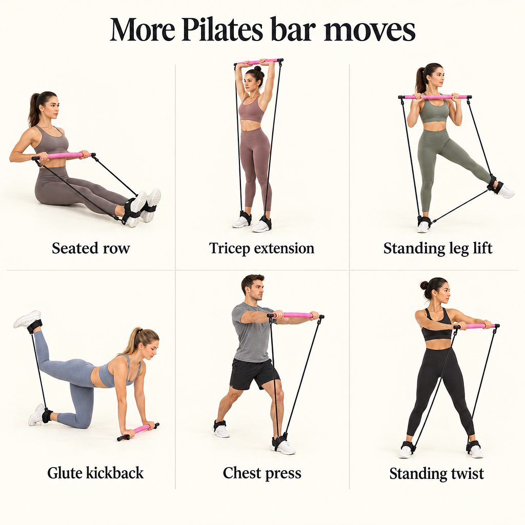 Pilates bar exercise guide, six more moves