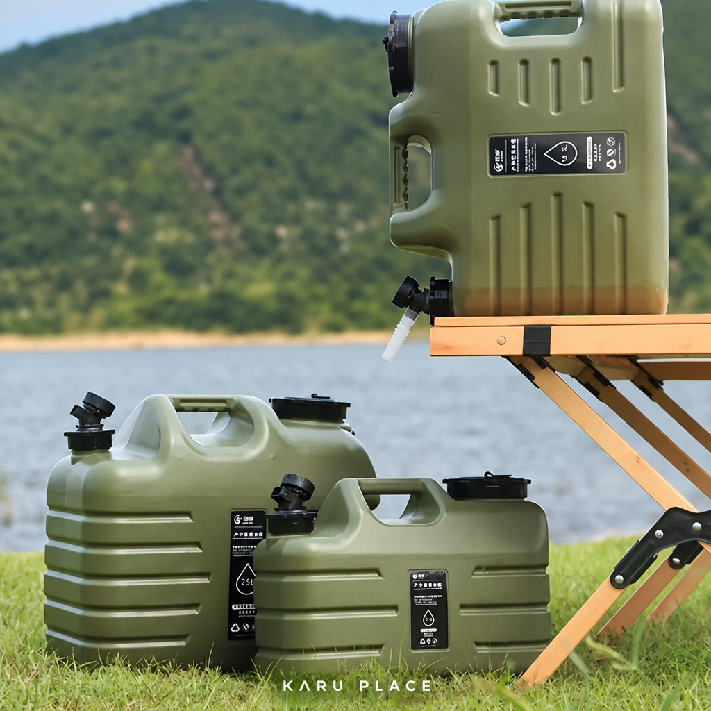 Portable water containers with original brightness, controls removed, and Karu Place branding