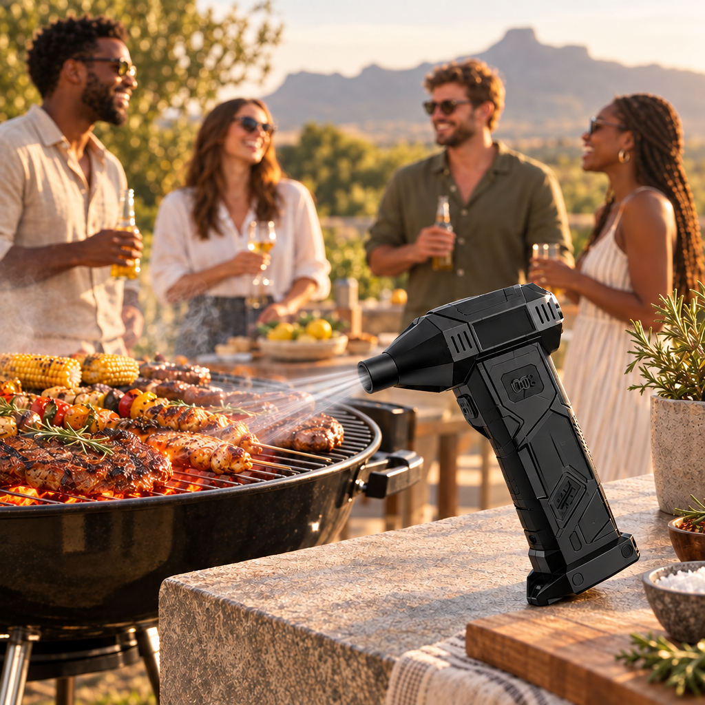 Premium BBQ blower lifestyle image with visible airflow directed at the coals