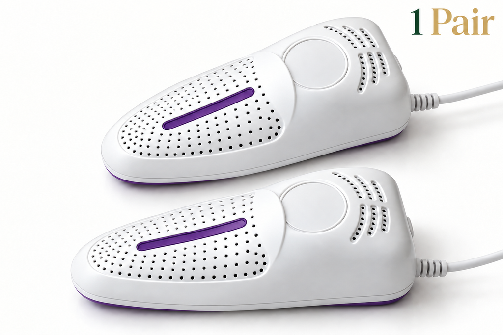 Premium pair of USB shoe dryers with 1 pair label in refined green and gold typography